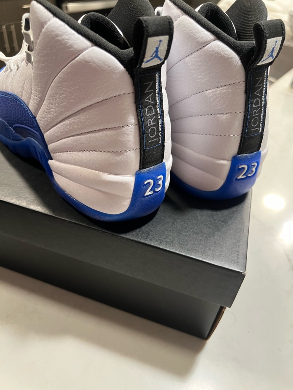 Jordan White and Royal Blue Retro 12 Sneakers - Picture 8 of 13